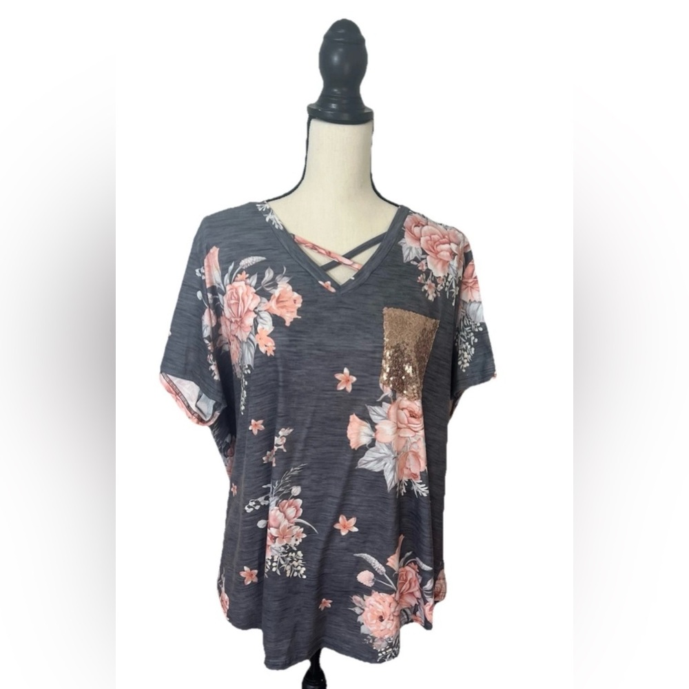 Women's Floral Sequin Blouse Top V-Neck Shirt Grey Pink Casual Plus Size 3XL EUC